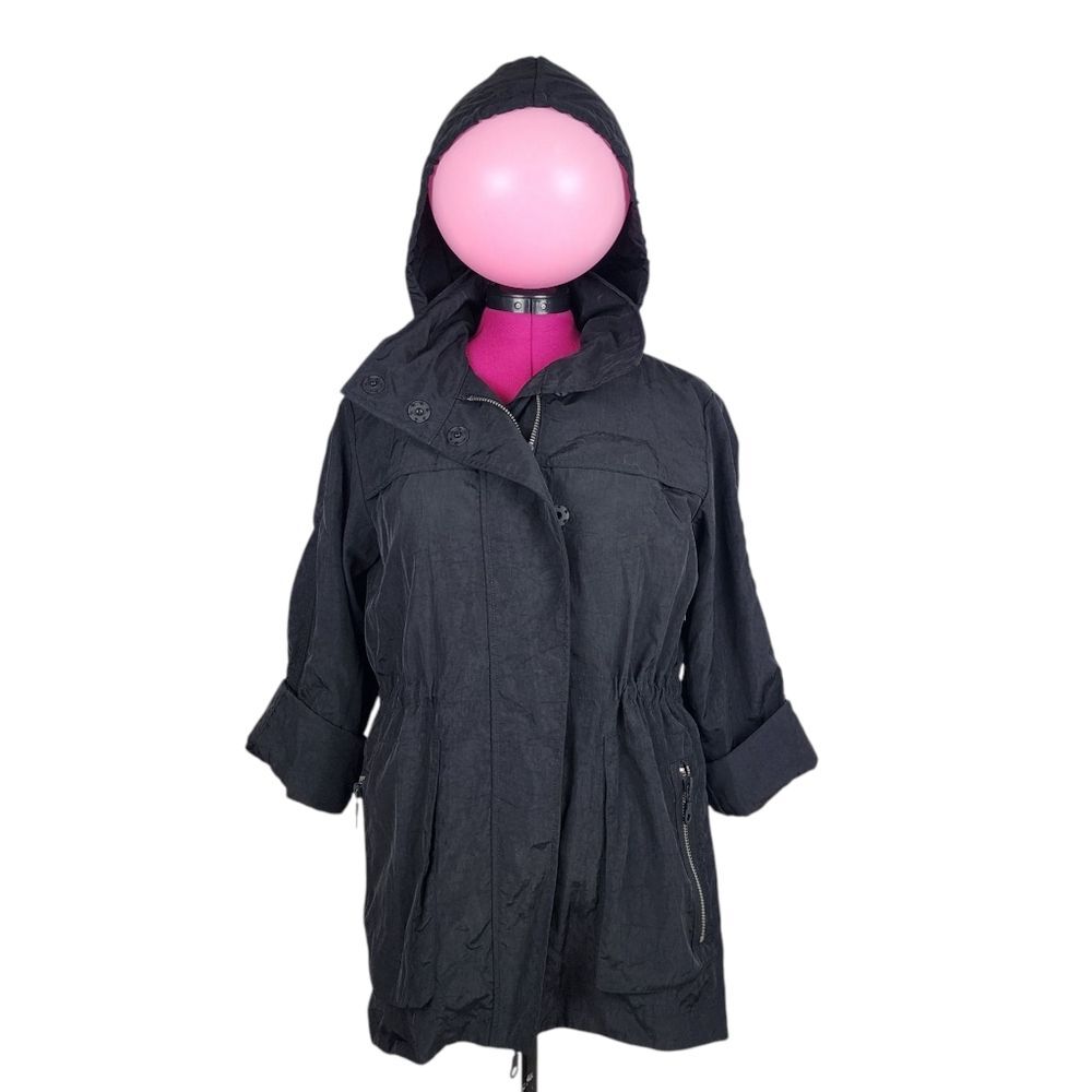 Hooded Black Trench Coat Lightweight Zip up Jacket Windbreaker Roll-tab Sleeve